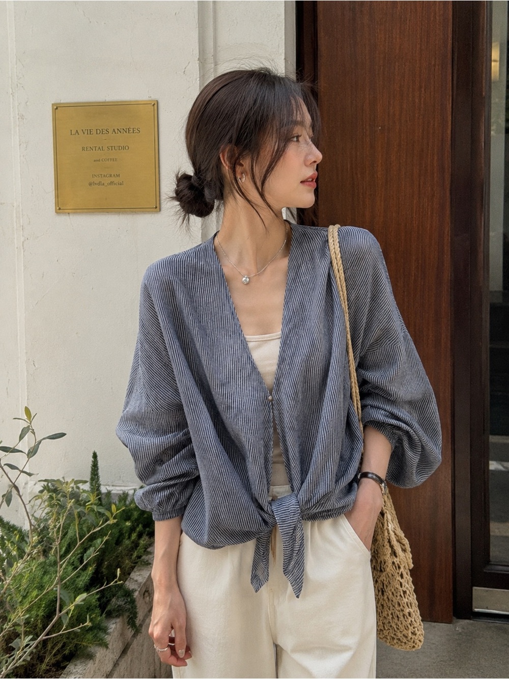 Alternative Button Front Oversized Tie-Front Stripe Top Oversized Lagenlook M